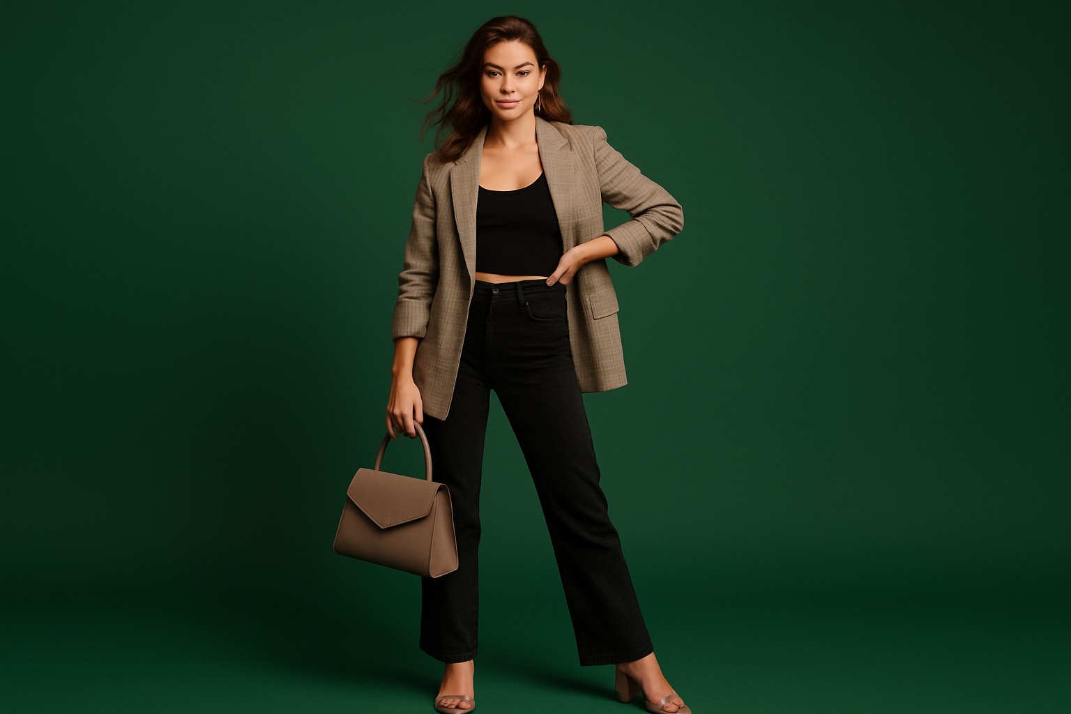 a girl standing in a attitude pose with hand bag, image background colour #046307